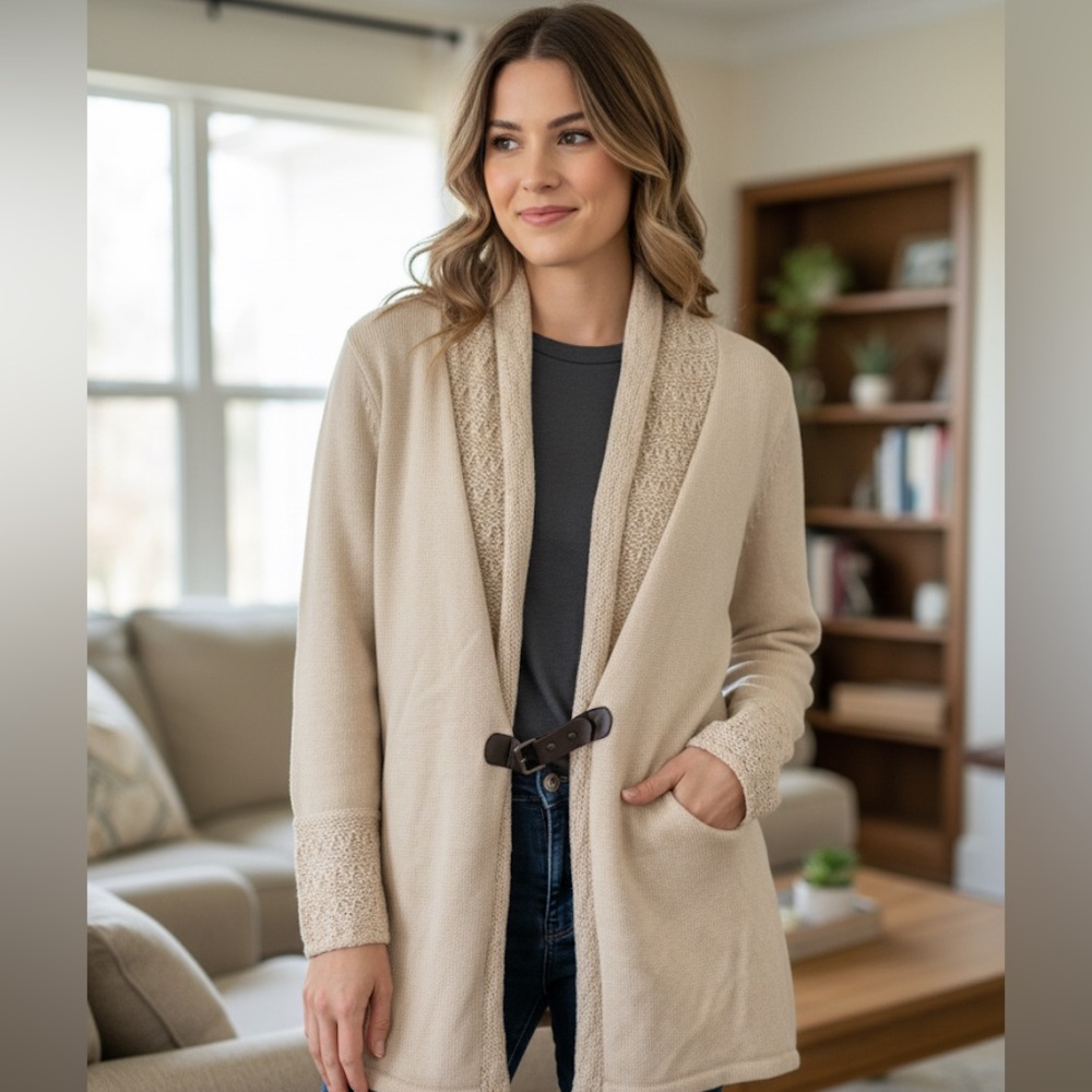 The Limited Lt. Beige Open Front Long Sleeve Knit Cardigan w/Leather Closure XL